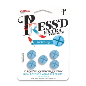 Press'd extra strength 7-OH tablets in rocket pop, 40mg each, blue 5-count card