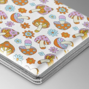 Retro Mushroom cigarette case, close-up of the retro mushroom and flower pattern