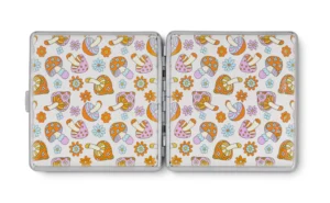 Retro Mushroom cigarette case, open metal case with retro mushroom pattern panels