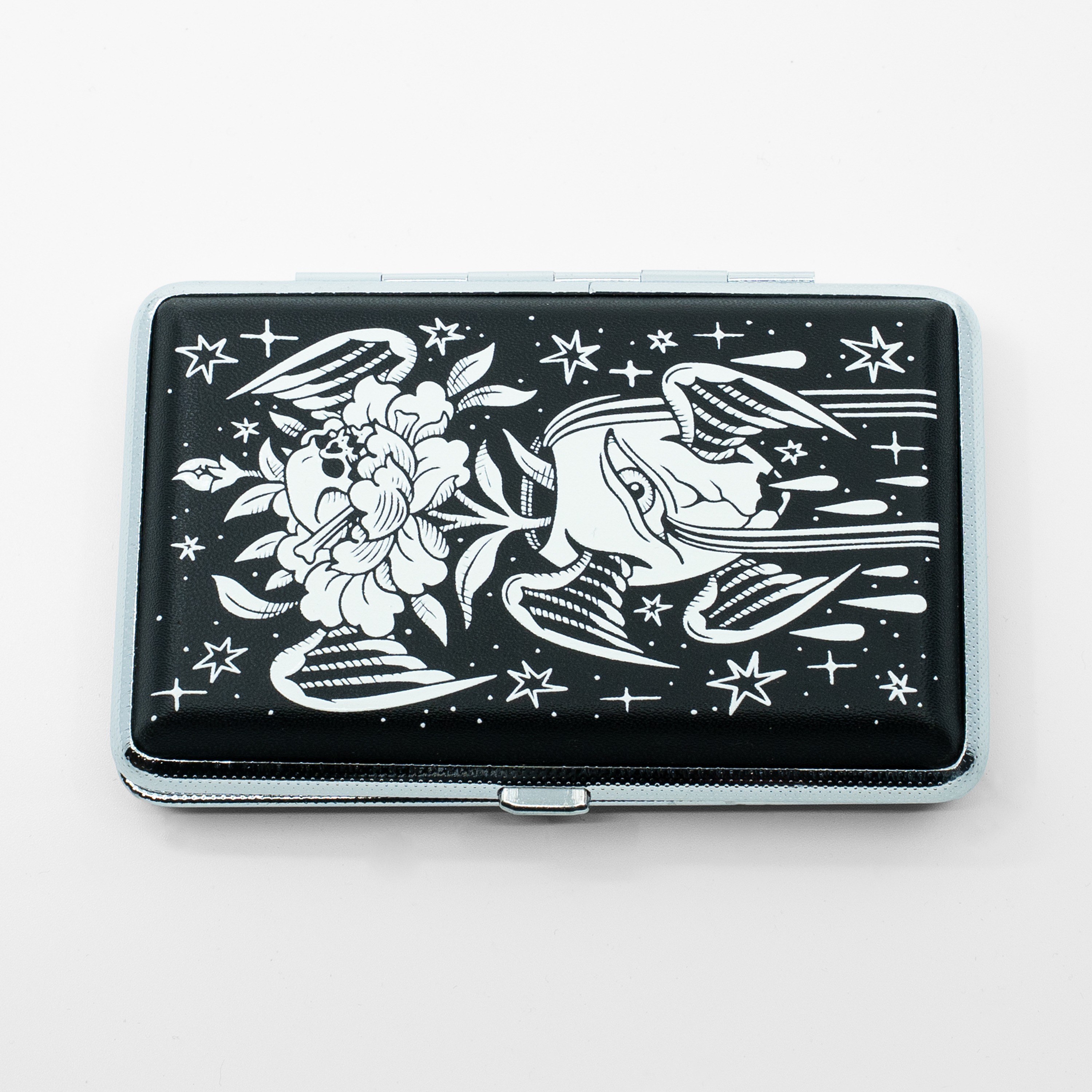 Cosmic Rebirth cigarette case, XinaXiii artist collab with black and white skeleton art