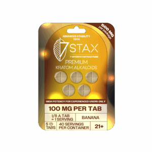 7Stax premium kratom alkaloid tablets in banana flavor, 100mg each, gold pack