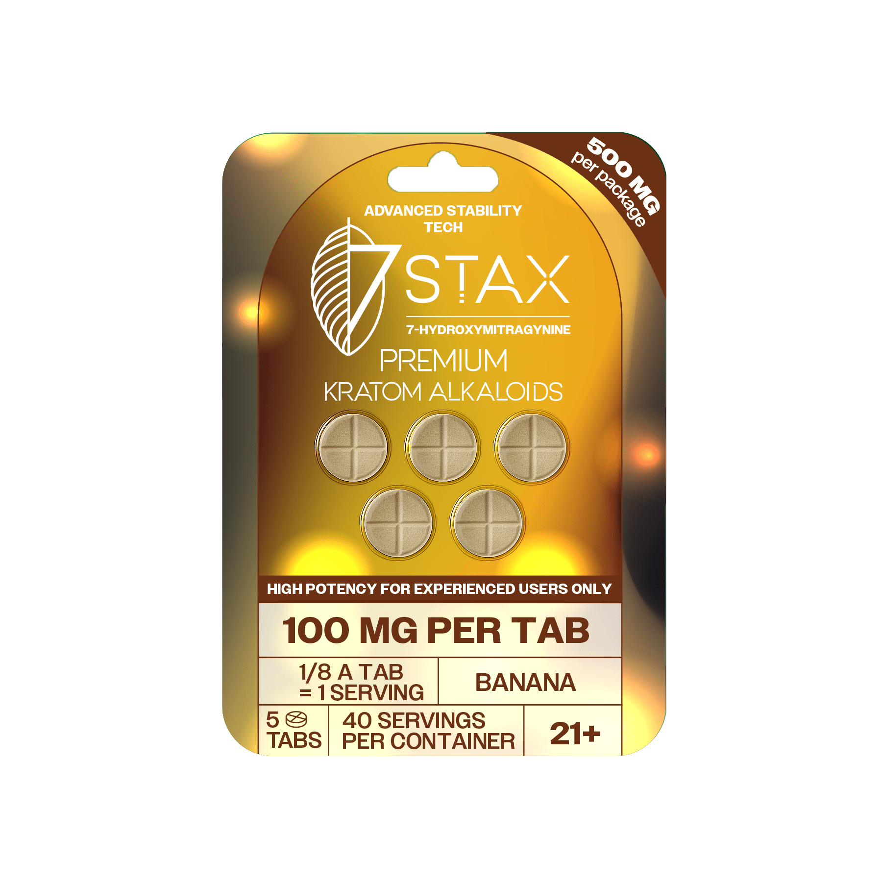7Stax premium kratom alkaloid tablets in banana flavor, 100mg each, gold pack