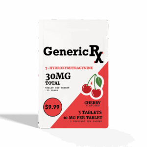 Generic RX 7-OH tablets in cherry flavor, 30mg total, white and red sachet, 3 tablets