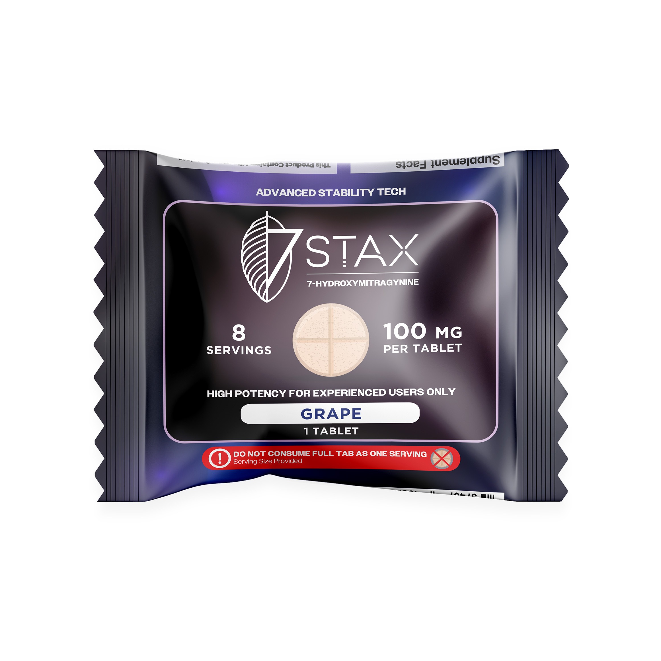 7Stax premium 7-OH kratom alkaloid tablet in grape, 100mg single dark wrapper
