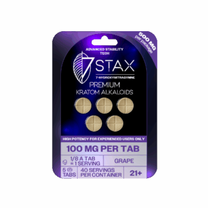 7Stax premium 7-OH kratom alkaloid tablets in grape flavor, 100mg each, purple pack