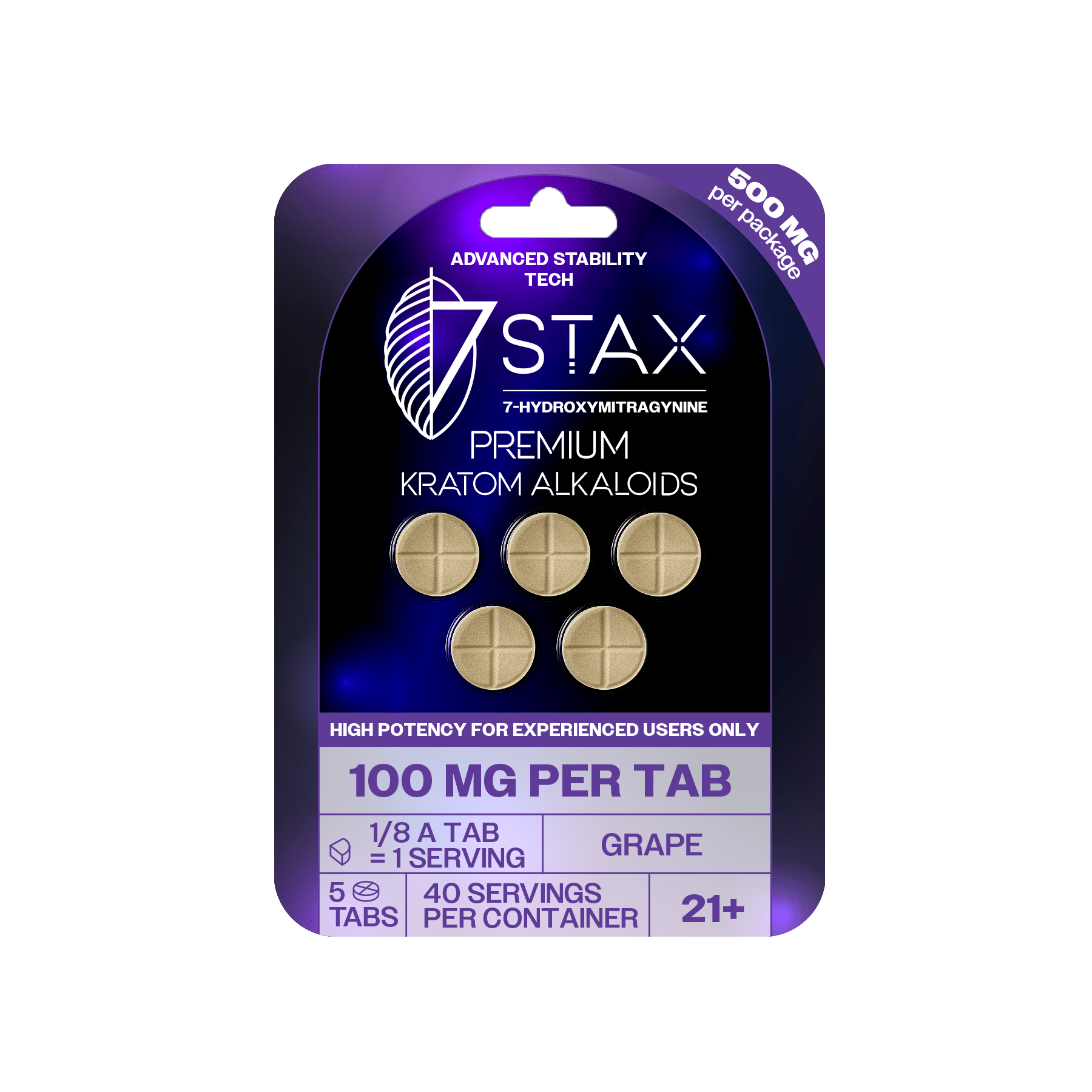 7Stax premium 7-OH kratom alkaloid tablets in grape flavor, 100mg each, purple pack