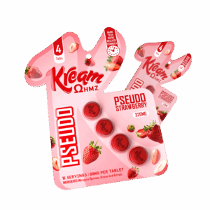Kream Ohmz pseudo chewable tablets in strawberry, blister card front product view