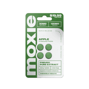 Moxie pseudo pure extract tablets in apple flavor, green blister card with 6 tablets