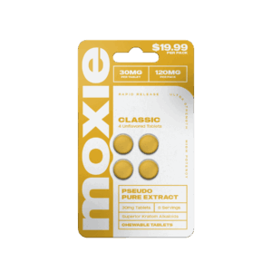 Moxie pseudo pure extract tablets in classic flavor, gold blister card with 4 tablets