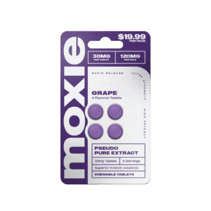 Moxie pseudo pure extract tablets in grape flavor, purple blister card with 4 tablets