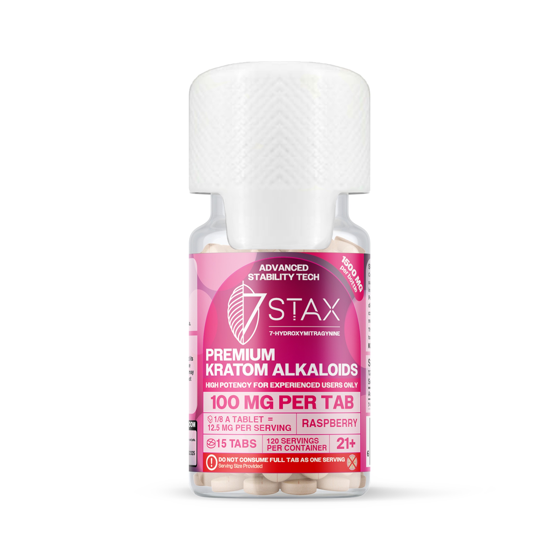 7Stax premium 7-OH kratom alkaloid tablets in raspberry, 100mg each, 1500mg bottle