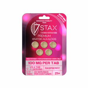 7Stax premium kratom alkaloid tablets in raspberry flavor, 100mg each, pink pack
