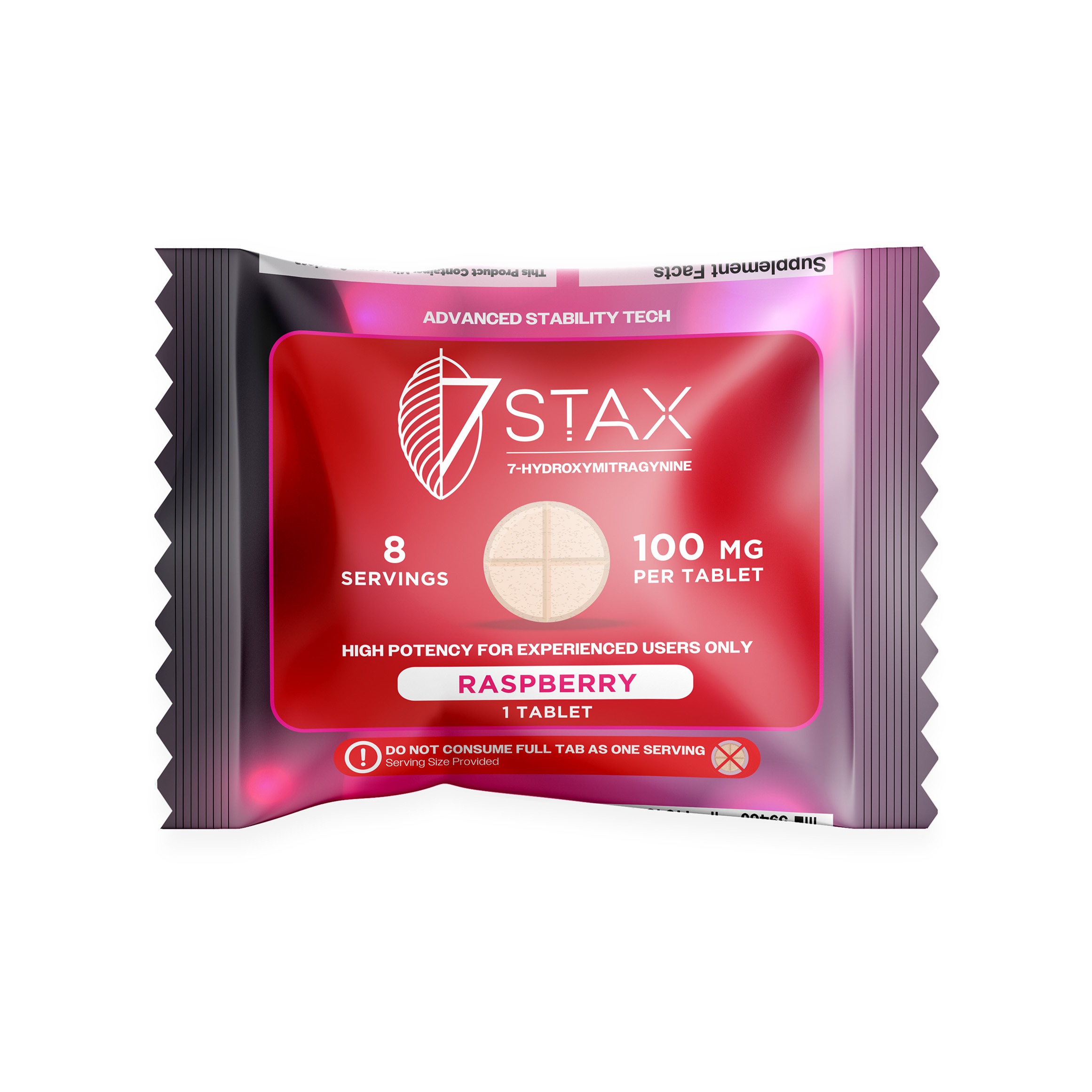 7Stax premium 7-OH kratom alkaloid tablet in raspberry, 100mg single pink wrapper
