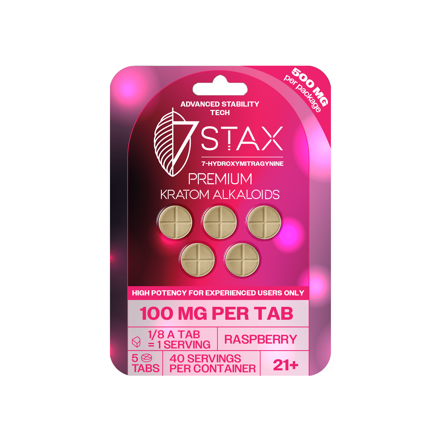 7Stax premium kratom alkaloid tablets in raspberry flavor, 100mg each, pink pack