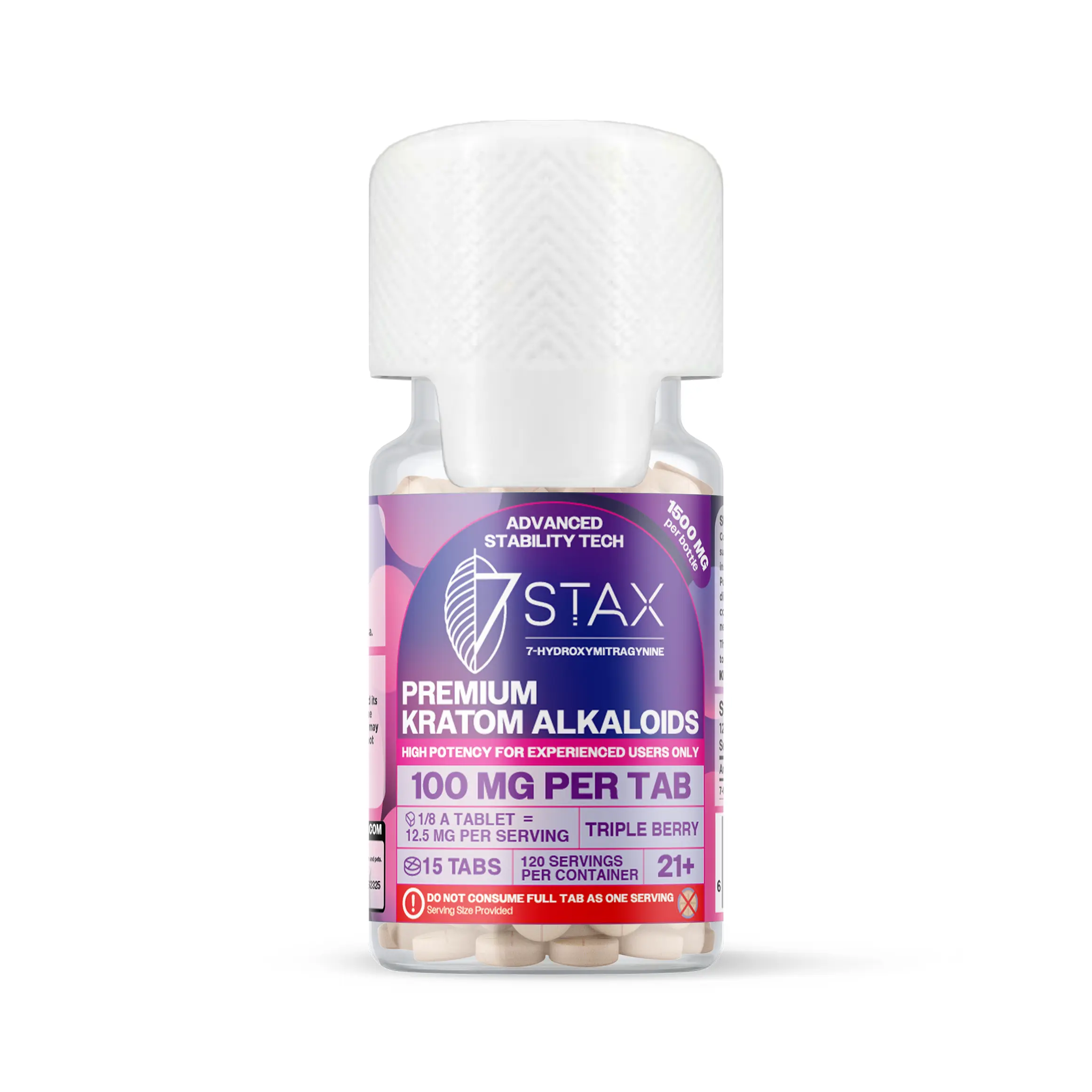 7Stax premium 7-OH kratom alkaloid tablets in triple berry, 100mg each, bottle