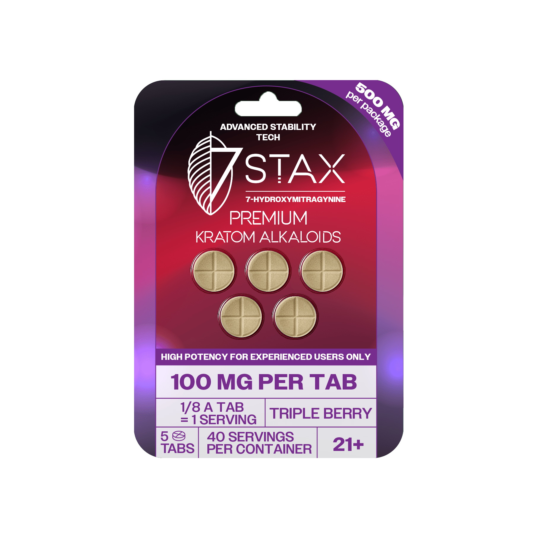 7Stax premium 7-OH kratom alkaloid tablets in triple berry, 100mg each, magenta pack
