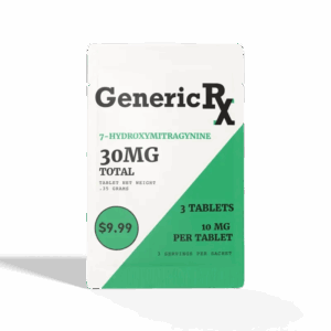 Generic RX 7-OH tablets, 30mg total, white and green sachet with 3 tablets, angled