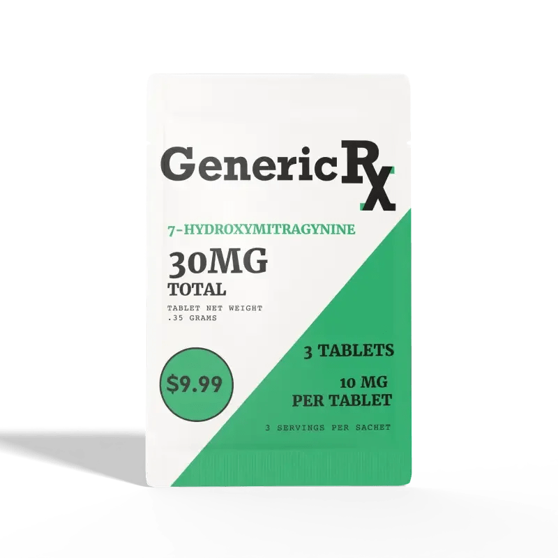 Generic RX 7-OH tablets, 30mg total, white and green sachet with 3 tablets, angled