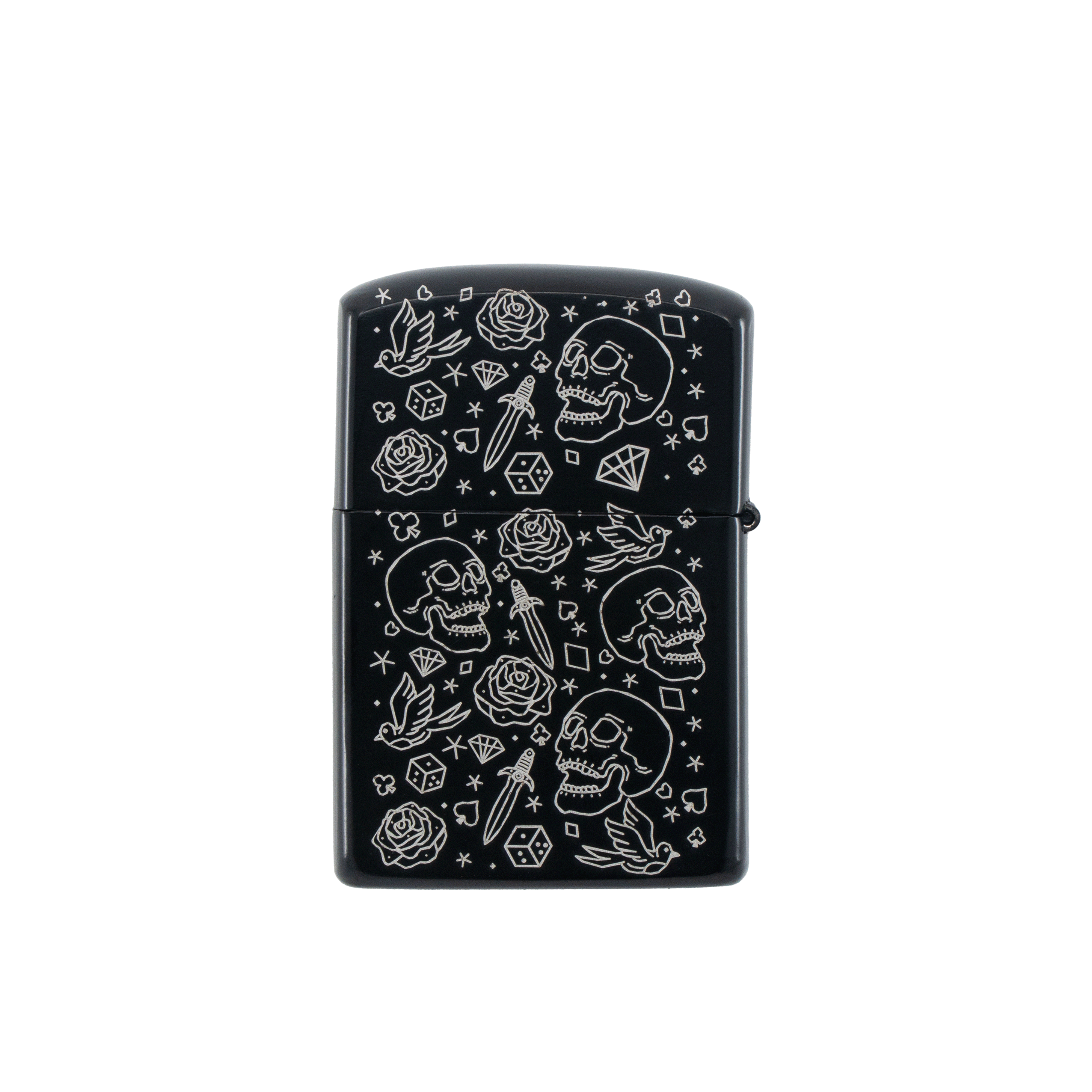 Ace of Spades flip lighter by Cannabitches, black metal with skull and rose engraving