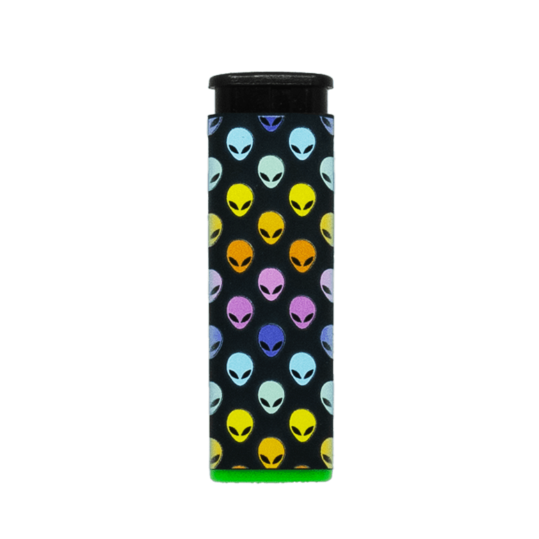 ALIENS! torch lighter, black with cosmic alien print, green base, refillable jet flame