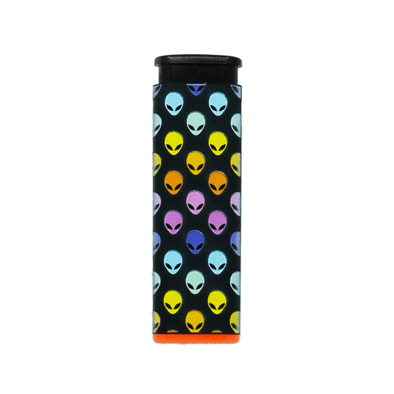 ALIENS! torch lighter, black with cosmic alien print, orange base, refillable jet flame