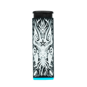 Baphomet torch lighter by XinaXiii and Cannabitches, black with Baphomet art, blue base