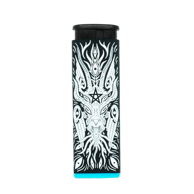 Baphomet torch lighter by XinaXiii and Cannabitches, black with Baphomet art, blue base