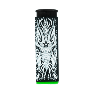 Baphomet torch lighter by XinaXiii and Cannabitches, black with Baphomet art, green base