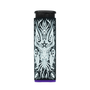 Baphomet torch lighter by XinaXiii and Cannabitches, black with Baphomet art, purple base