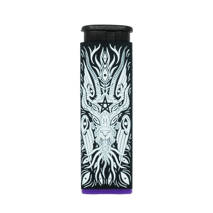 Baphomet torch lighter by XinaXiii and Cannabitches, black with Baphomet art, purple base