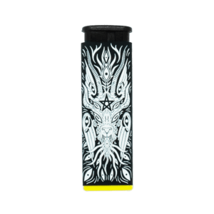 Baphomet torch lighter by XinaXiii and Cannabitches, black with Baphomet art, yellow base
