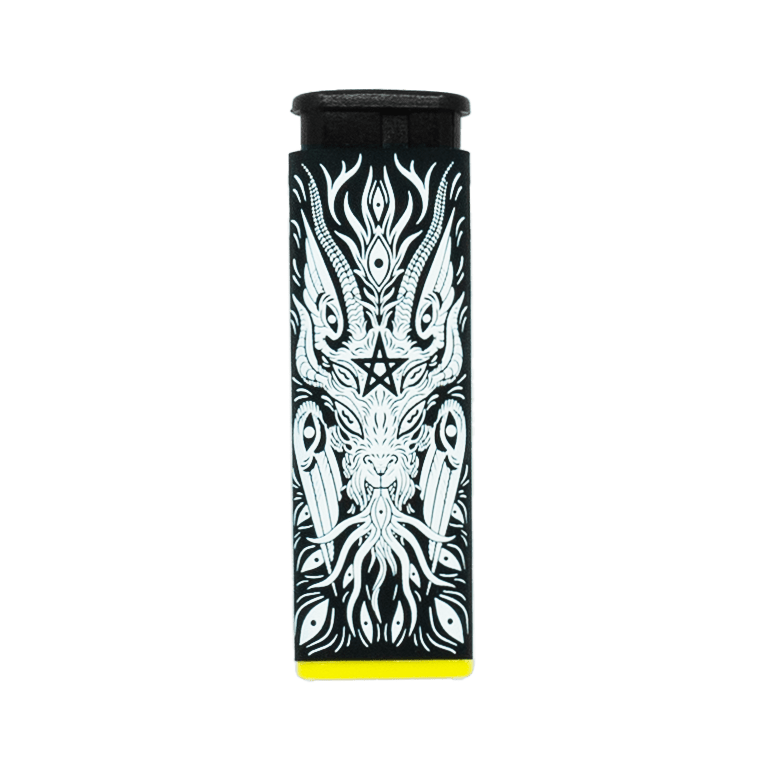 Baphomet torch lighter by XinaXiii and Cannabitches, black with Baphomet art, yellow base