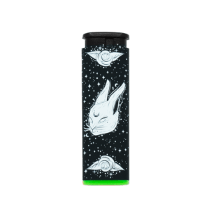 Black Rabbit Rose torch lighter by Cannabitches, black with rabbit and rose art, green base