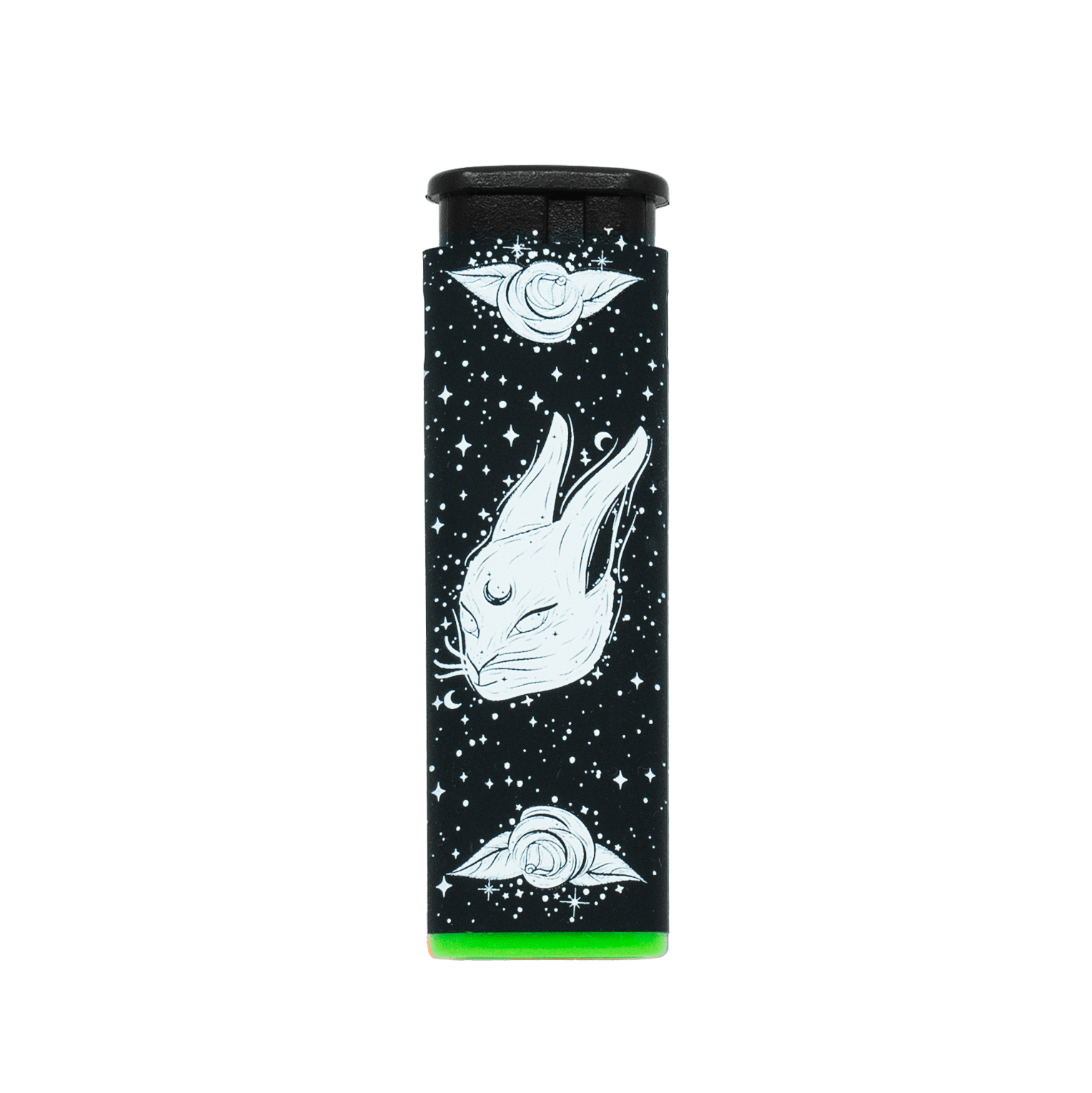 Black Rabbit Rose torch lighter by Cannabitches, black with rabbit and rose art, green base