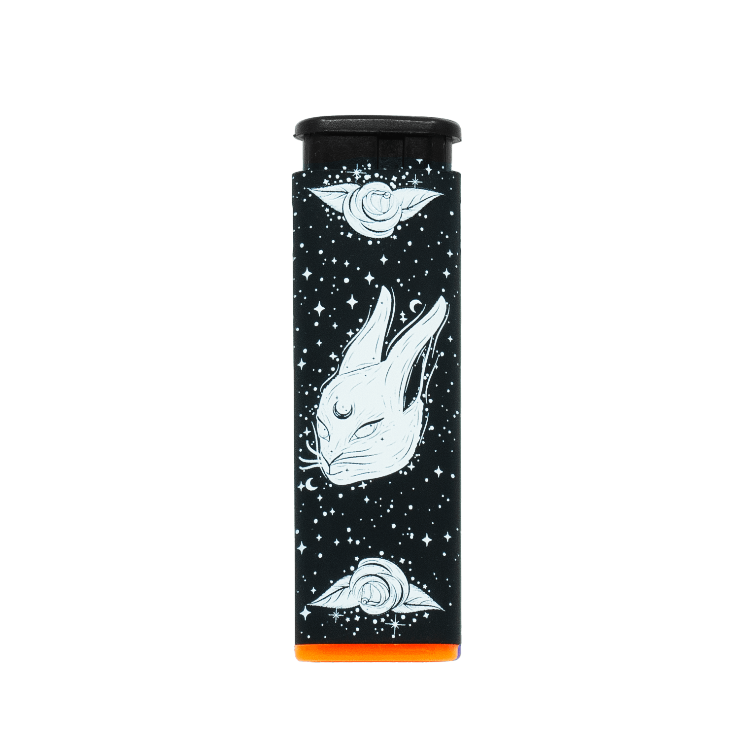 Black Rabbit Rose torch lighter by Cannabitches, black rabbit and rose art, orange base