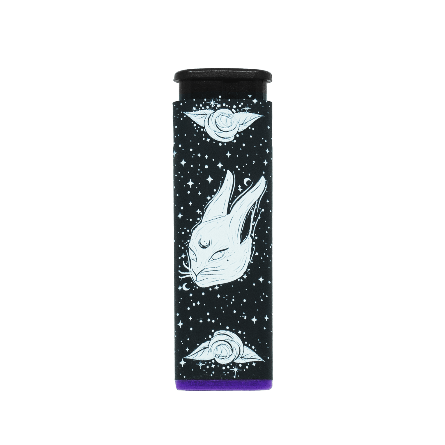 Black Rabbit Rose torch lighter by Cannabitches, black with rabbit and rose art, purple base