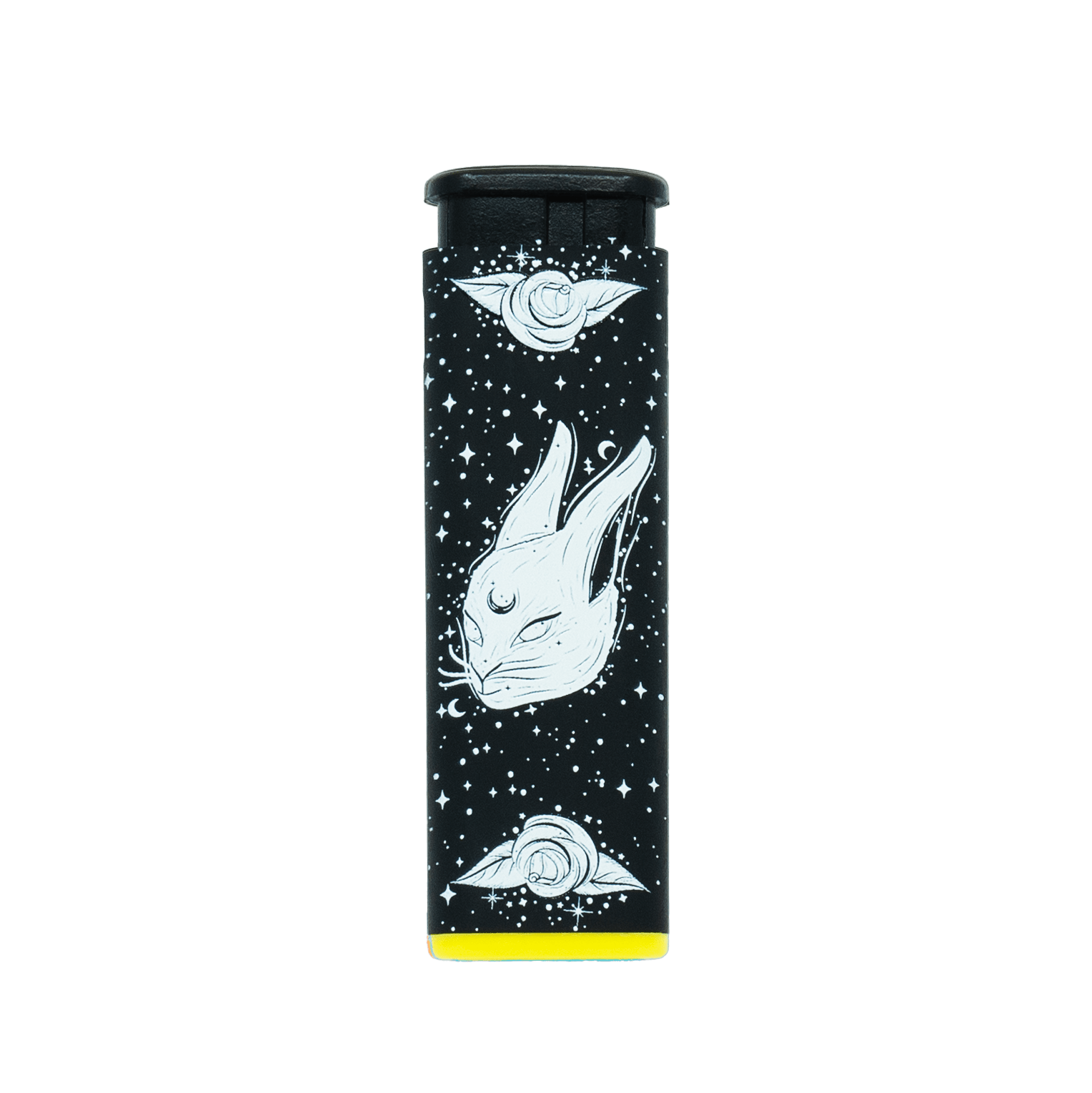 Black Rabbit Rose torch lighter by Cannabitches, black rabbit and rose art, yellow base