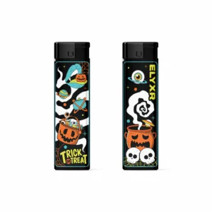 Halloween 2025 torch lighters, two black lighters with pumpkin and skeleton artwork