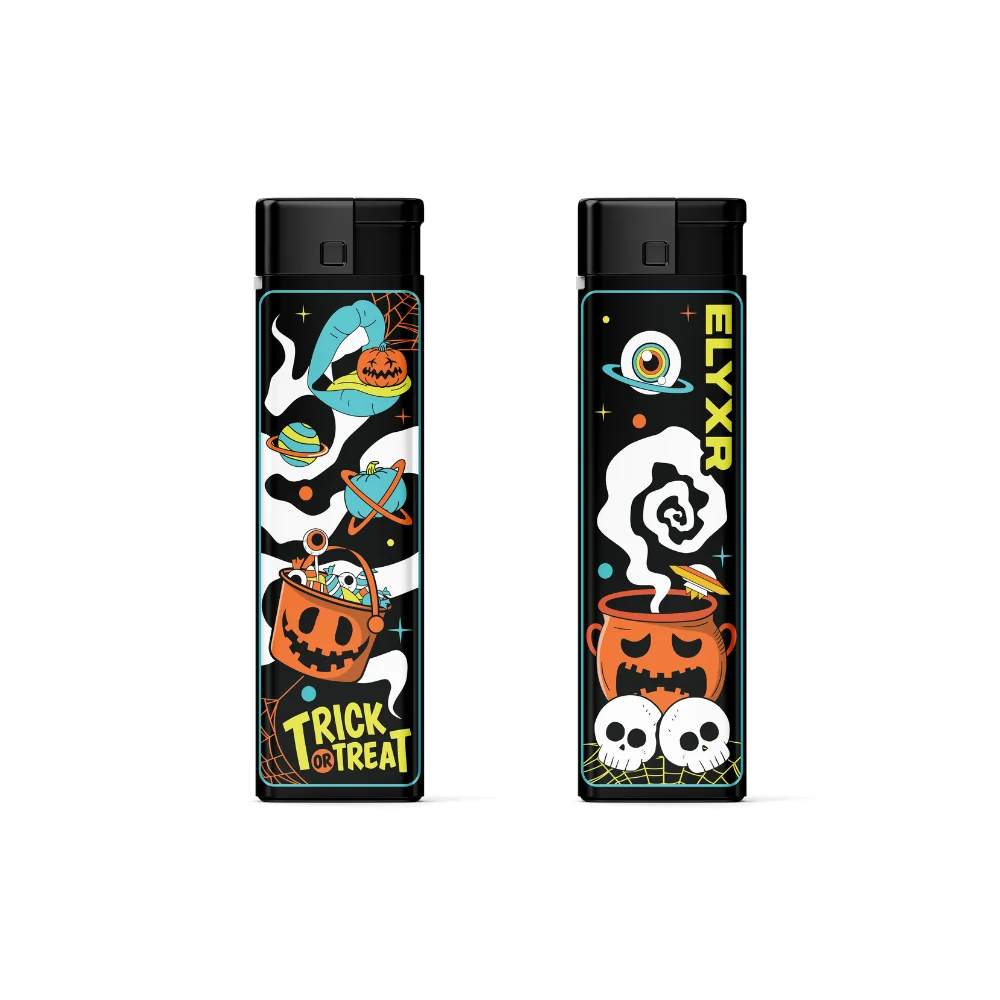 Halloween 2025 torch lighters, two black lighters with pumpkin and skeleton artwork