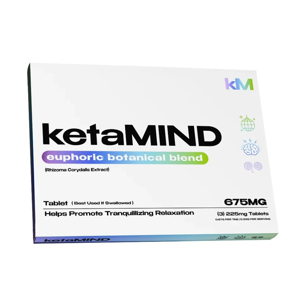 ketaMIND euphoric botanical blend tablets, 675mg white box with teal and purple accents