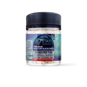 7Stax premium kratom alkaloid tablets, 30mg per tab, clear bulk jar with blue label