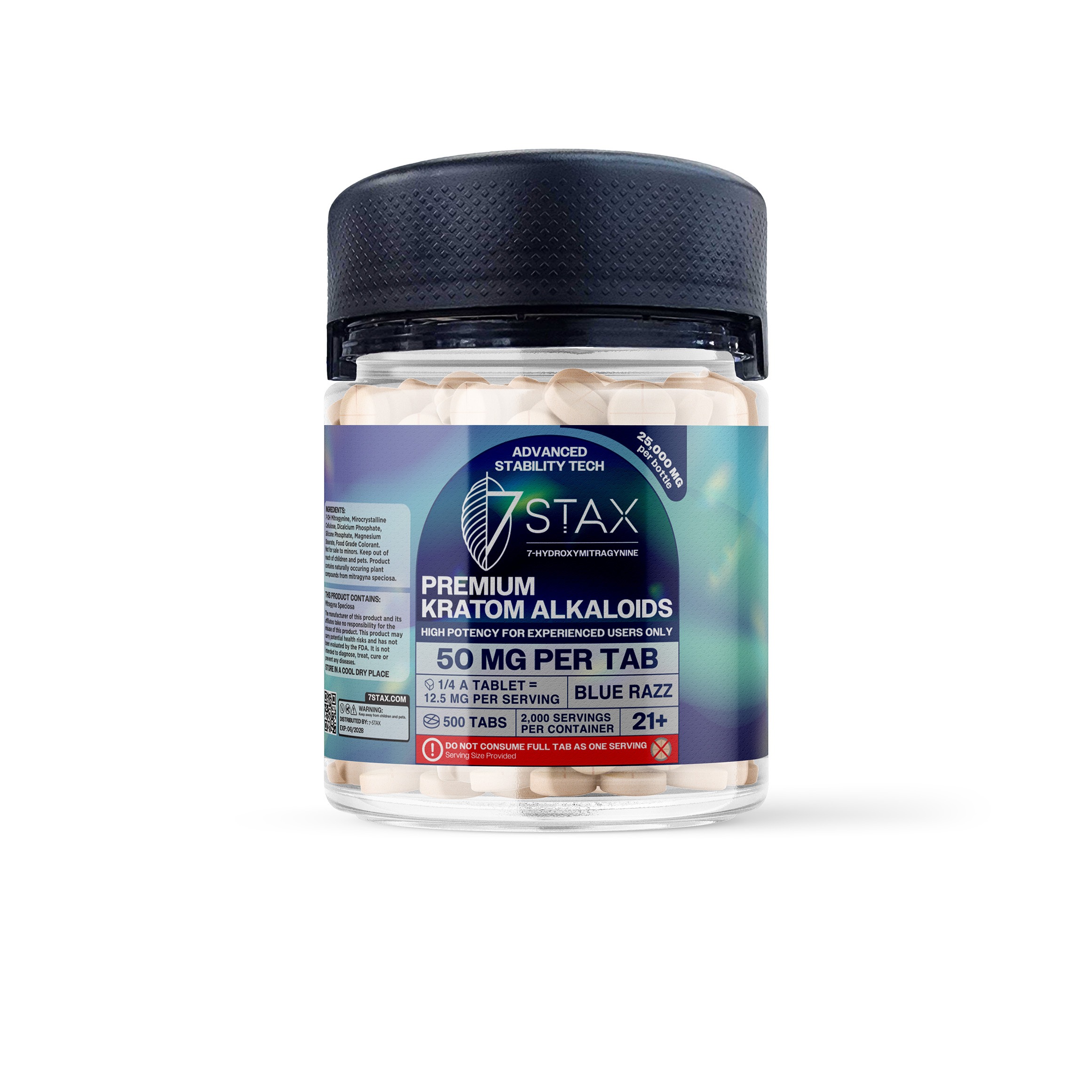 7Stax premium kratom alkaloid tablets, 30mg per tab, clear bulk jar with blue label