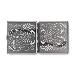 Black Glitter Scorpio Rising stash case by Cannabitches, open with engraved silver panels