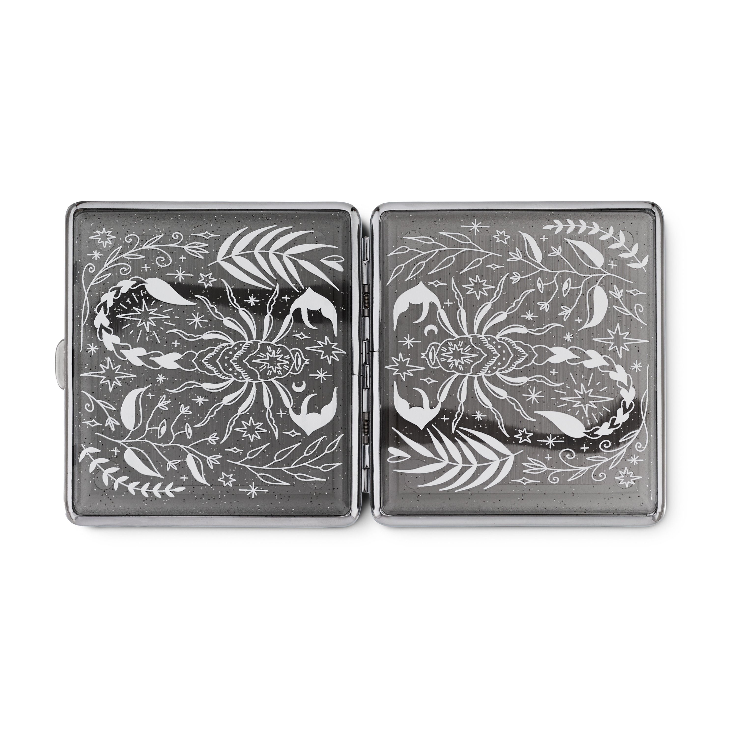 Black Glitter Scorpio Rising stash case by Cannabitches, open with engraved silver panels