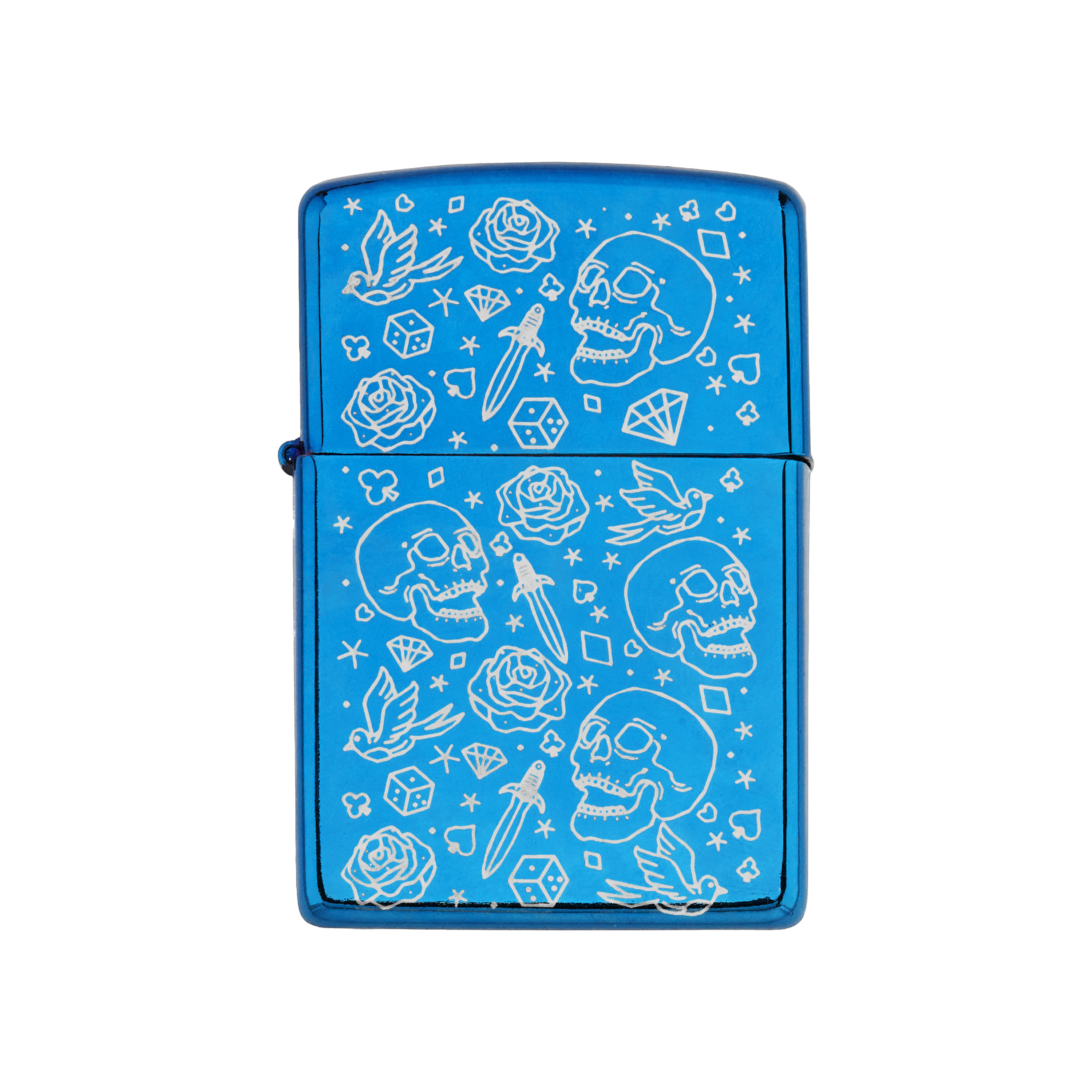 Ace of Spades flip lighter by Cannabitches, blue metal with skull and rose engraving