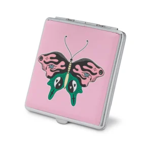 Pink Butterfly joint case by Cannabitches, closed pink metal case with butterfly art