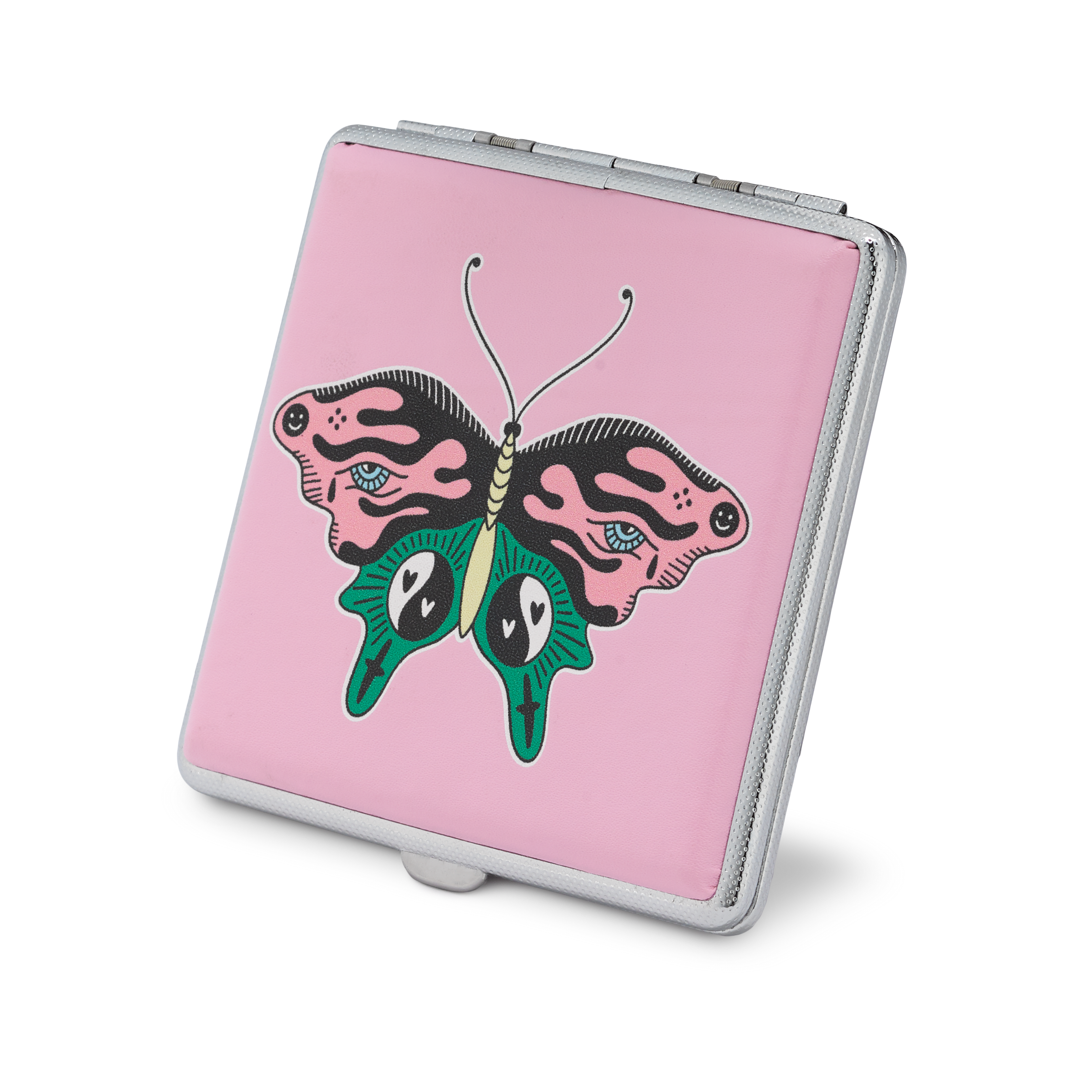 Pink Butterfly joint case by Cannabitches, closed pink metal case with butterfly art