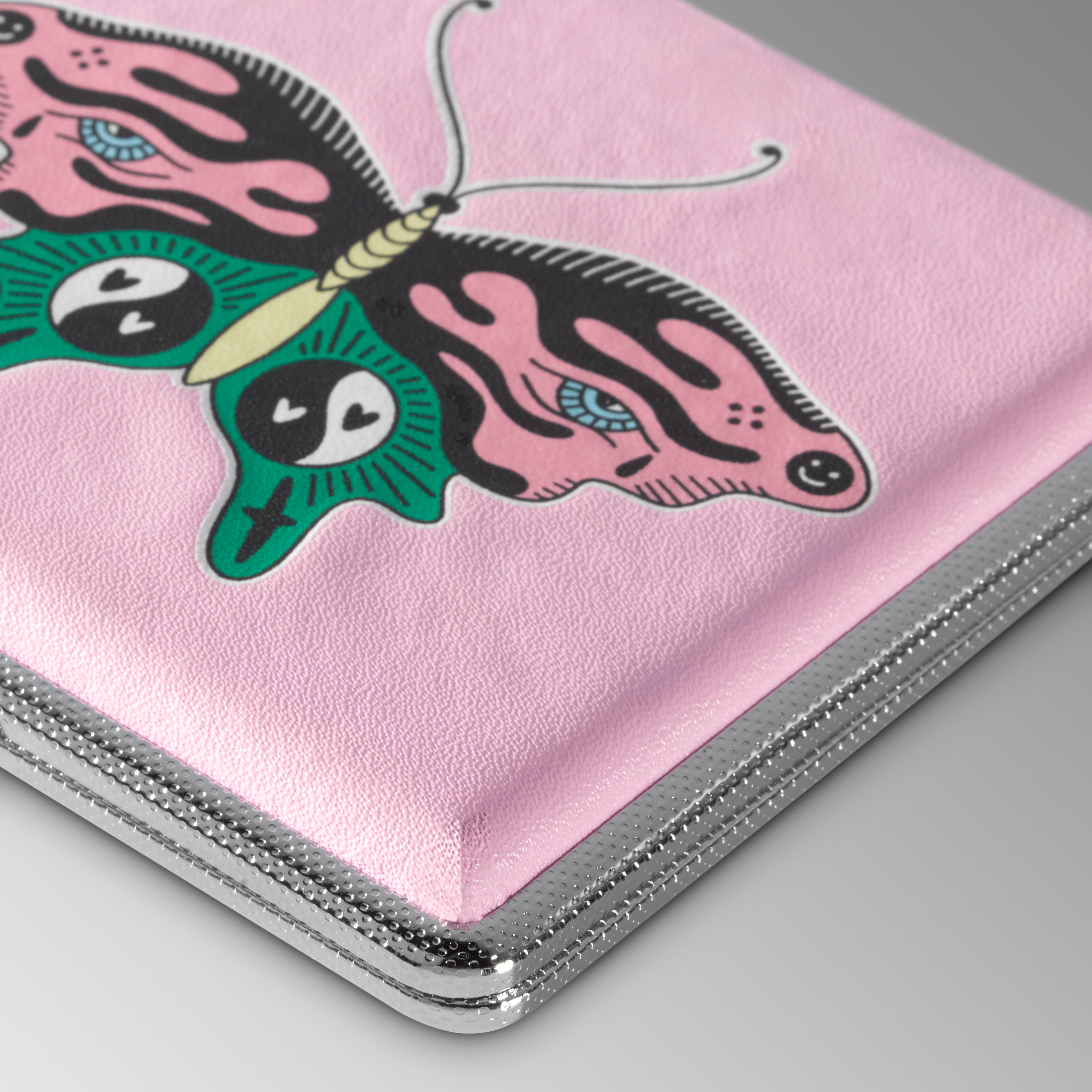 Pink Butterfly joint case by Cannabitches, angled view of the pink butterfly lid