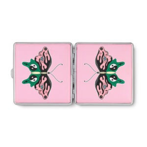 Pink Butterfly joint case by Cannabitches, open metal case showing patterned interior