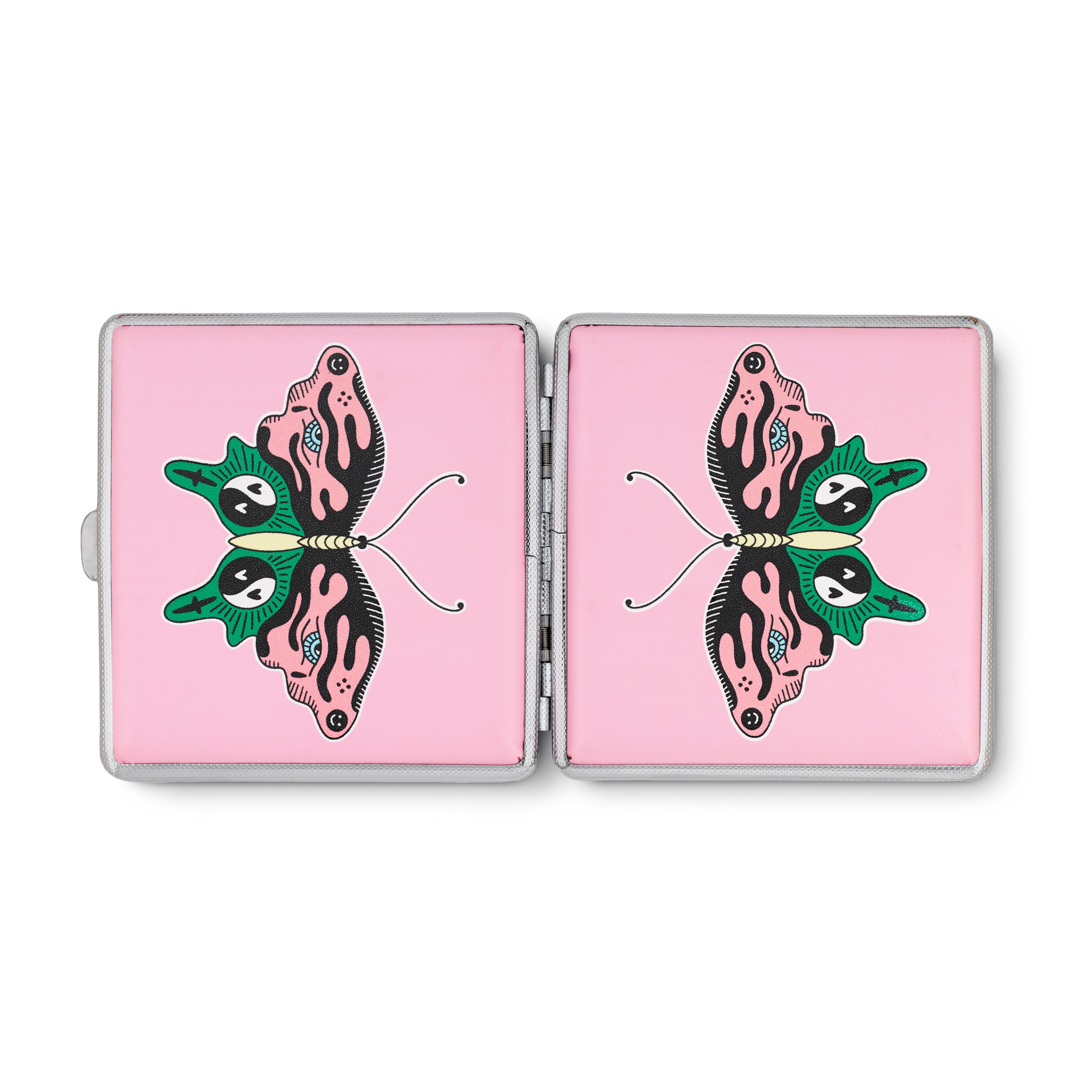 Pink Butterfly joint case by Cannabitches, open metal case showing patterned interior